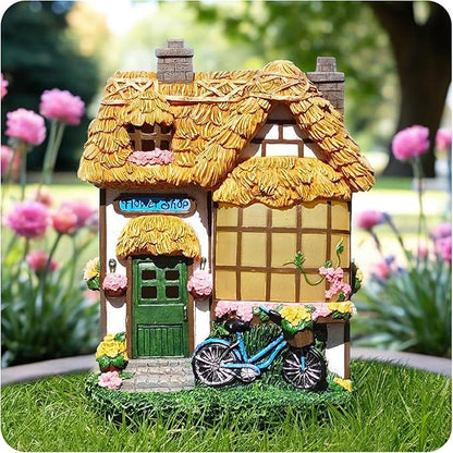 Rustic Thatched Flower Shop Resin Cottage – Fairy House Garden Statues Outdoor, Solar-Powered Warm Lights,Weatherproof, Spring Vines & Bicycle Décor,Perfect Home Gifts for Mom Wife Grandma