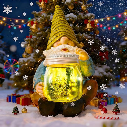 Solar Firefly Jar Gnome Waterproof - Christmas Large Garden Gnome Funny Solar Outdoor LED Lights Resin Statues 10.6" Lantern Figurines Xmas Decorations Birthday Housewarming Gifts for Mom Women