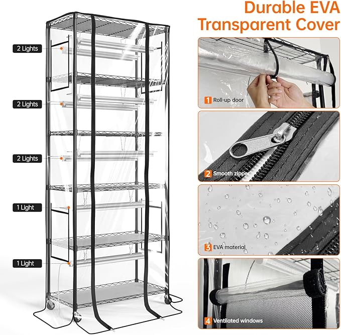 Bstrip 71" Indoor Greenhouse with Grow Light, 6-Tier DIY Plant Shelf with Adjustable Rack and Wheels, 8-Pack 192W Full Spectrum LED Plant Light for Indoor Plants, Seed Starting, (29.5" L x 13.8" W)