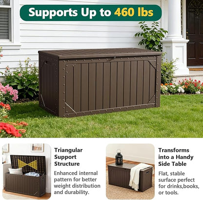 100 Gallon Outdoor Storage Box, Waterproof Resin Deck Box Organizer for Patio Cushion Storage, Lockable Outside Container for Garden Tools