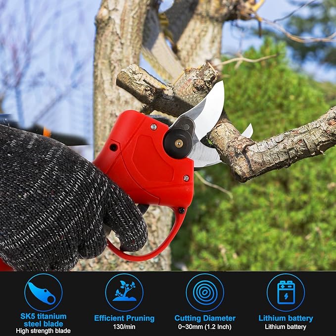 Electric Pruning Shears Cordless, Branch Cutter, Trimming Scissors Battery Power, 30mm (1.2 Inch) Cutting Diameter, SK5 Blade Tree Trimmer, 2 Rechargeable 2ah Lithium Batteries