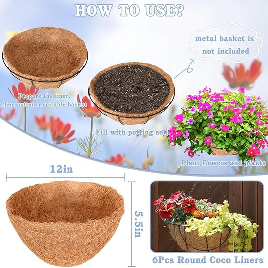 Halatool 6PCS 12 Inch Coco Liners Coconut Fiber Planter Liner 100% Natural Coco Fiber Liners for Planters Round Coco Coir Hanging Basket Liners for Flowers Vegetables