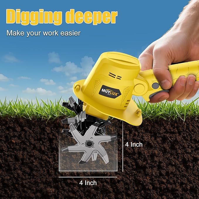 20V Cordless Tiller Cultivator for Gardening, Electric Garden Tiller with 2 x 2.0Ah Batteries & Charger, Garden Rototiller for Lawn Gardening Soil Cultivation, Yellow