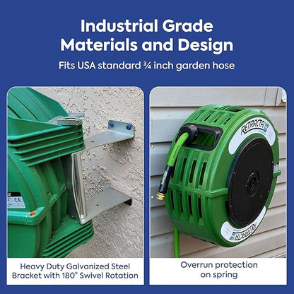 Macnaught Retractable Garden Hose Reel, 60 Ft Water Hose Reel Heavy Duty Retractable Hose with Metal 180° Swivel Rotation Bracket for Wall Mount - Green