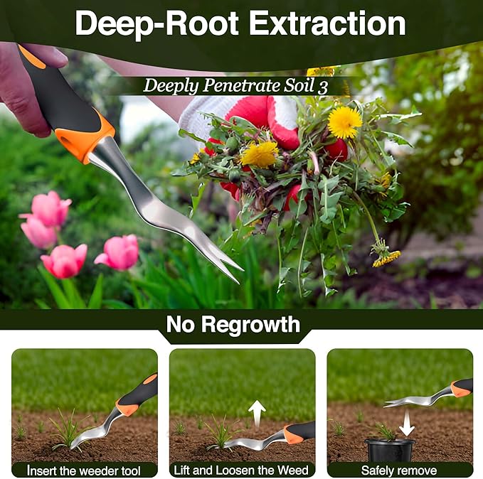 Alloy Steel Weed Puller Tool with Ergonomic Orange & Black Handle | Heavy Duty Weeding Tool for Effortless Root Removal | Durable Hand Tool for Garden & Lawn Weeding Tools Gardening