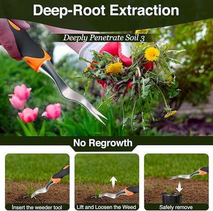 Alloy Steel Weed Puller Tool with Ergonomic Orange & Black Handle | Heavy Duty Weeding Tool for Effortless Root Removal | Durable Hand Tool for Garden & Lawn Weeding Tools Gardening