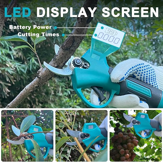 Electric Pruning Shears, Cordless Garden Shears, Branch Pruners with LCD Display, Cutting Diameter 1.2 Inch, Comes with 2 2.0Ah Batteries, Charger and Replacement Blade Set for Gardening Tree Pruning