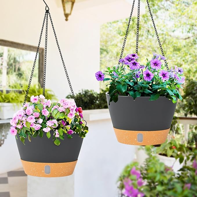 QCQHDU 2 Pack 8 Inch Hanging Planters for Indoor Outdoor Plants, Hanging Baskets Flower Pots with Reservoir Tray & Visible Water-Level