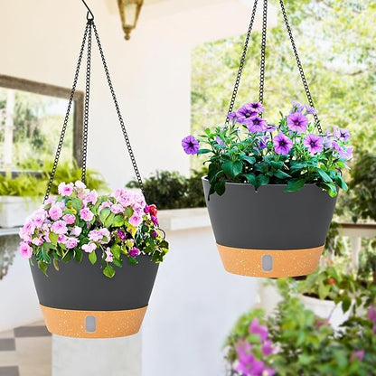 QCQHDU 2 Pack 8 Inch Hanging Planters for Indoor Outdoor Plants, Hanging Baskets Flower Pots with Reservoir Tray & Visible Water-Level