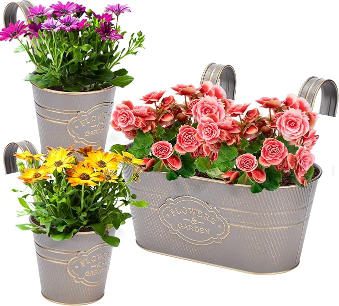 PerGar Vintage Metal Iron Wall Hanging Flower Pots, Rustic Planter Bucket Herb Flower Plant Holder with Detachable Hooks & Drainage Hole for Railing Fence Balcony Deck Garden Home Decoration, Set of 3