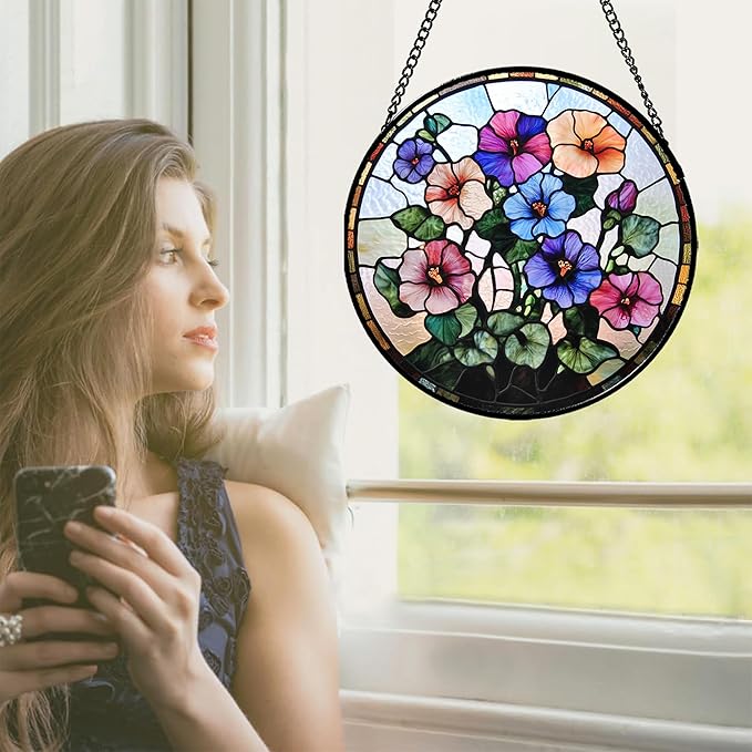Stained Glass Window Hanging - Morning Glory Flowers Suncatcher for Doors Garden Patio Floral Sun Catchers Decor Christmas Mother's Day Birthday Gifts for Women Men Mom Nana Friend 11.8 in