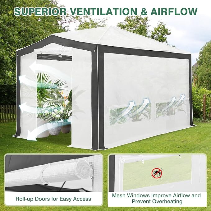 EAGLE PEAK 12x8 Portable Walk in Greenhouse with Polyester Reinforced Corners, Instant Pop up Indoor Outdoor Gardening Green House, Roll Up Zipper Doors Mesh Windows & Winter Support Pole, Gray/White