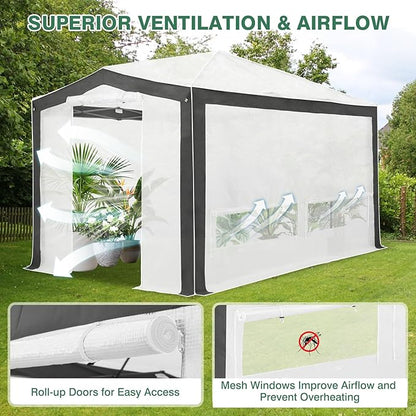 EAGLE PEAK 12x8 Portable Walk in Greenhouse with Polyester Reinforced Corners, Instant Pop up Indoor Outdoor Gardening Green House, Roll Up Zipper Doors Mesh Windows & Winter Support Pole, Gray/White