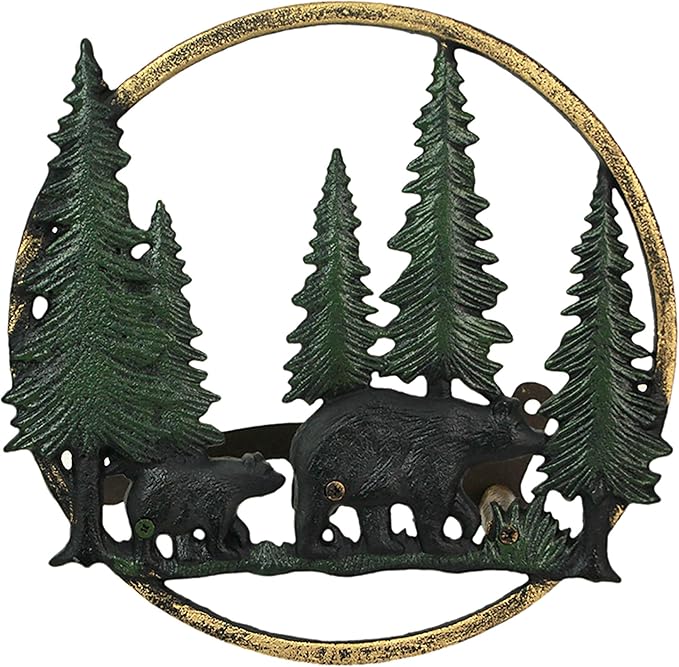 Zeckos Cast Iron Black Bears in Forest Decorative Wall Mounted Hanging Garden Hose Hanger - 11 Inches in Diameter - Wildlife Themed Outdoor Hose Holder Decor