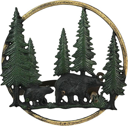 Zeckos Cast Iron Black Bears in Forest Decorative Wall Mounted Hanging Garden Hose Hanger - 11 Inches in Diameter - Wildlife Themed Outdoor Hose Holder Decor