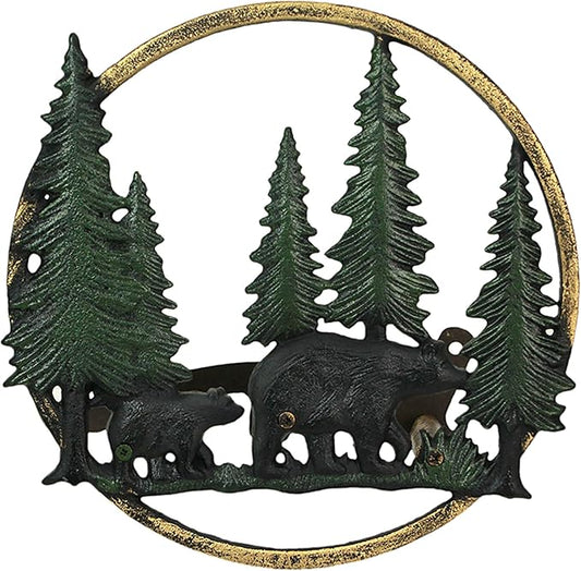 Zeckos Cast Iron Black Bears in Forest Decorative Wall Mounted Hanging Garden Hose Hanger - 11 Inches in Diameter - Wildlife Themed Outdoor Hose Holder Decor