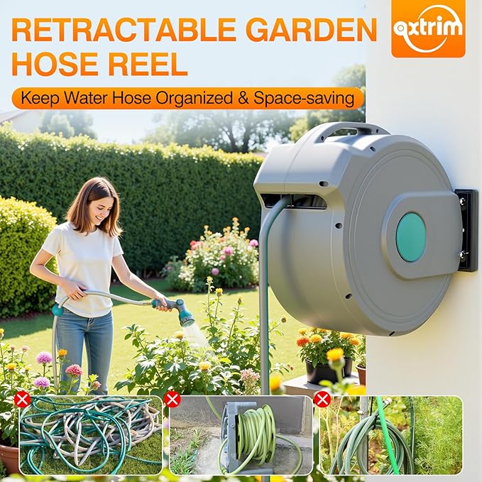 AXTRIM 100 ft x1/2 in Retractable Garden Hose Reel, Premium Wall Mounted Water Hose Reel with 10-Pattern Spray Nozzle, Any Length Lock, Slow Return System, 180° Metal Swivel Bracket, Anti-UV