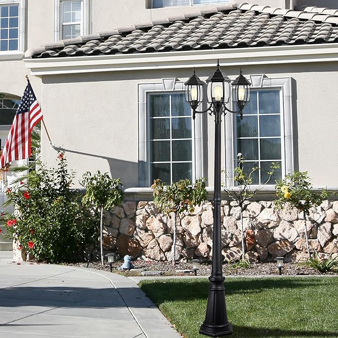 85 Inch 3-Light Lamp Post With Dusk To Dawn Sensor Three-Head Post Lantern For Garden Backyard Driveway 85in Outdoor Street Light,Aluminium Alloy,Clear Glass Shade,E26(Bulbs Not Included)