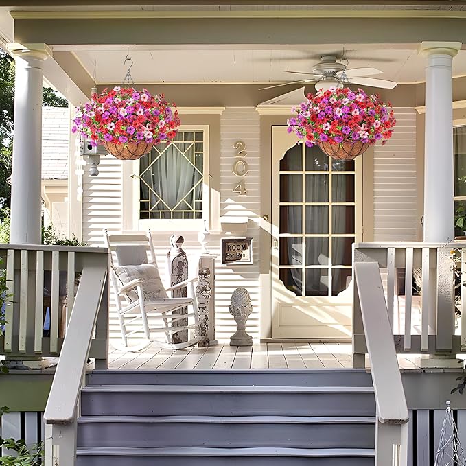 Artificial Silk Flowers Hanging Baskets Outdoors Indoors, Fake Daisy with Eucalyptus Leaves Arrangement for Garden Yard Spring Summer Decor Faux Green Plant(Red Brown Purple Pink)