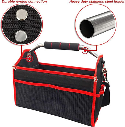HAUTMEC 16 Inch Tool Bag, Foldable Open Top Tool Tote with Adjustable Shoulder Strap, 16 Pockets, Molded Base & Padded Handle, Portable Electrician Tool Organizer for DIY & Jobsite Use – TB0002