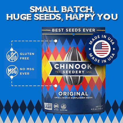 Chinook Seedery Roasted Sunflower Seeds - Jumbo Seeds Keto Snacks - Best For Snack Packs - Gluten Free, Non GMO Snack Food Gifts - 4 Ounce (Pack of 3) - Original Flavor Pack