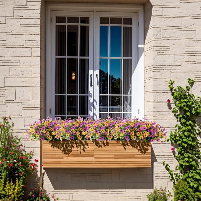 Artificial Silk Spring Flowers Hanging Basket for Outdoor Indoor, Daisy with Eucalyptus Leaves Arrangement for Yard Decor, Faux Green Plant in Metal Coconut Lining Pot(Purple Yellow)