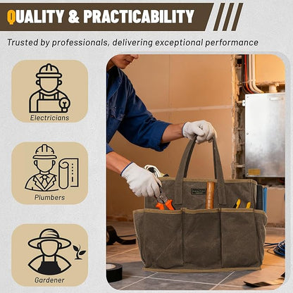 16OZ Waxed Canvas Tool Tote Bag for Garden Tools Wrench Set & Screwdrivers | 11-Pocket Garden Tool Bag with Portable Handles, Multi-Purpose Tool Storage Organizer (14"L x 5.5"W x 10.5"H) – Grey