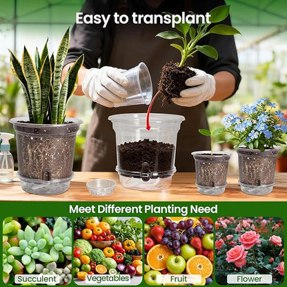 MIXC 12 Packs 6.5 Inch Self Watering Pots for Indoor Plants - Clear Nursery Plant Pots with Drainage, Deep Visible Reservoir - Flower Planter Outdoor with Wicking Rope