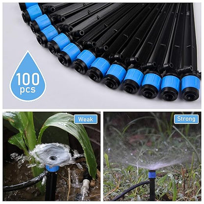 Kalolary 100PCS Irrigation Drippers Drip Emitters, Micro Spray Adjustable 360 Degree Full Circle Pattern Water Flow Bubbler Sprinkler Fits 1/4 (4-6mm) Irrigation Tubing for Garden Irrigation(Blue)