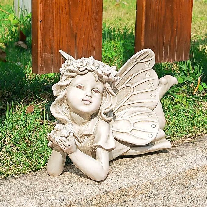 Resin Fairy Statue Holding Bird – Outdoor Garden Fairy Figurine for Yard, Patio or Lawn, Whimsical Fairy Garden Decor for Outside 11” L