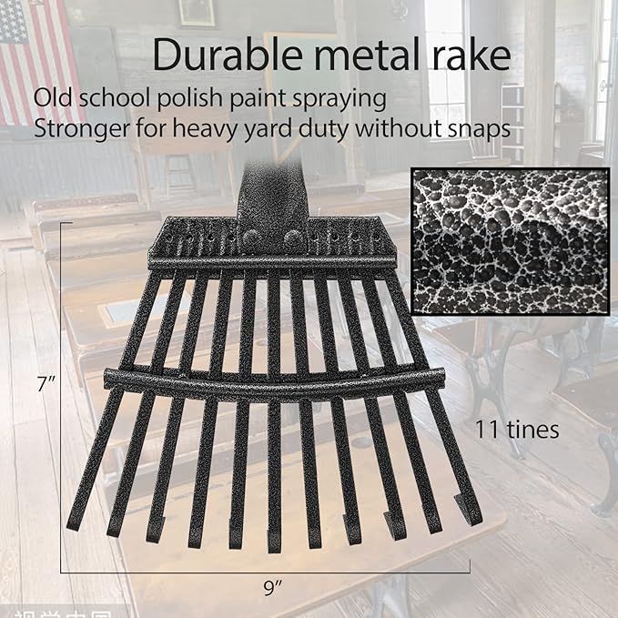 Oliynedy Adjustable Metal Garden Rake for Leaves - Long Handle 30-60", 11 Tines 9" Wide - Small Lawn Collapsible Yard Rake for Adults and Kids - Camping, Flower Beds, Mulch, Shrub