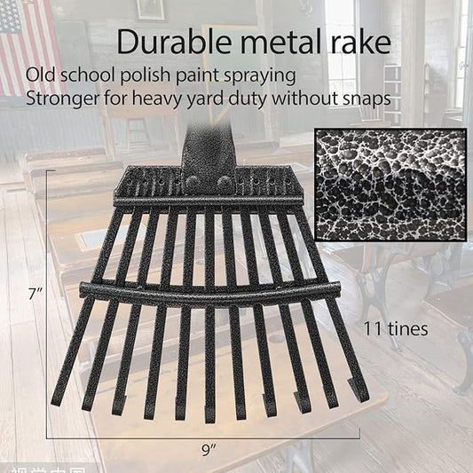 Oliynedy Leaf Rake for Gardening, Adjustable Metal Garden Rake for Leaves Long Handle 30-70", 11 Tines 9" Wide Small Lawn Collapsible Yard Adult Kids Rake for Camping Flower Beds Mulch Shrub