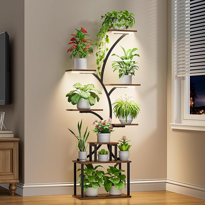 POZILAN Plant Stand Indoor with Grow Light, 8-Tiered Tall Plant Stands for Indoor Plants Multiple, Metal Plant Shelf Display Rack Holder, Flower Stand for Indoor Plants, Living Room, Garden, Patio