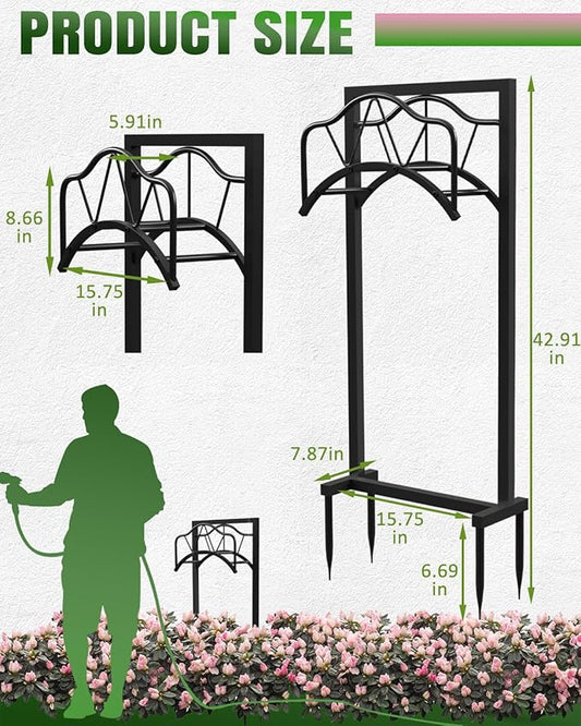 Breeze Touch Garden Hose Holder Freestanding, 4 Spikes Heavy Duty Outdoor Hose Stand, Metal Rack for Yard, Durable Water Hose Storage for outside, Compact Organizer for Garden Use