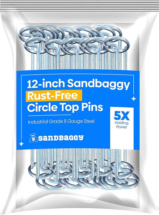 Sandbaggy 12-inch Circle Top Pins - Landscape Staples (Galvanized) - Garden Stakes for Landscaping, SOD - Heavy Duty Ground Stakes, Lawn Turf Spikes, Christmas Decorations, Weed Mats (150 Pins)