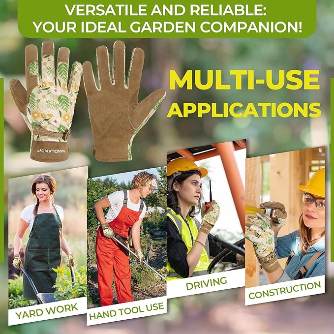 HANDLANDY Gardening Gloves for Women, Breathable Ladies Leather Garden Yard Gloves Best Gift for Gardeners
