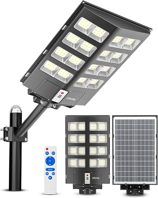Ofuray Of-2600W Solar Street Lights Outdoor,268000LM Solar Security Flood Lights Parking Lot Lights Dusk to Dawn, 6500k Waterproof Led with Remote Control Motion for Street,Court,Barn