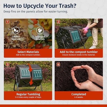 East Oak Dual Chamber Outdoor Compost Tumbler, 2×18.5 Gallon Compost Bin, Rotating Composter with Aeration & Locking System for Garden, Kitchen & Yard