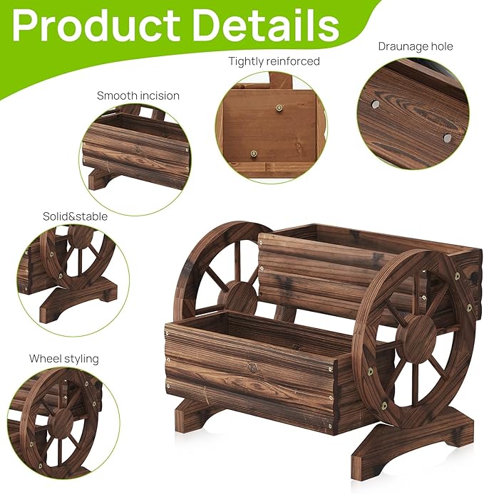Wooden Flower Cart with Wheels Wooden Wagon Planter Outdoor Garden Planter, Decor Planter for Patio Balcony Decoration Succulent Flower Pot Flower Cart for Indoor Backyard Balcon Décor