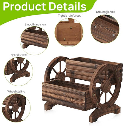 Wooden Flower Cart with Wheels Wooden Wagon Planter Outdoor Garden Planter, Decor Planter for Patio Balcony Decoration Succulent Flower Pot Flower Cart for Indoor Backyard Balcon Décor