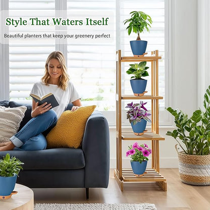 6 Inch Self Watering Pots for Indoor Plants (5-Pack) – Small Plastic Planters with Water Window, Drainage Holes & Trays, Indoor Outdoor Flower Pots for Herbs, Succulents, Home Garden Decor (Navy Blue)