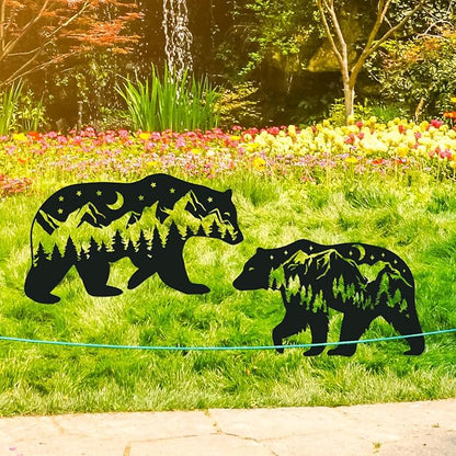 Bear Metal Garden Stakes Yard Decor, 3PCS Bear Black Silhouette Outdoor Garden Decor for Yard Art, Outside, Lawn Ornaments