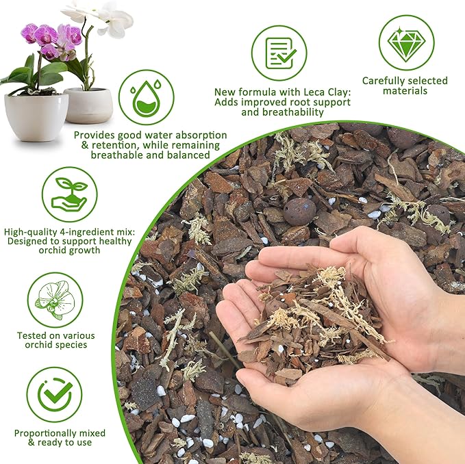 Orchid Potting Mix for Repotting - 3QT Fast-Draining Soil with Pine Bark, Perlite, Moss & Leca Clay, Breathable Mix for Healthy Roots,Ideal for Repotting & Indoor Orchid Plants