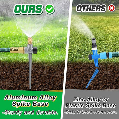 2 Pack Metal Lawn Sprinklers for Yard - 360° Coverage Water Sprinklers, Adjustable Brass Nozzle with Aluminum Alloy Spike Base for Small Medium Garden Irrigation