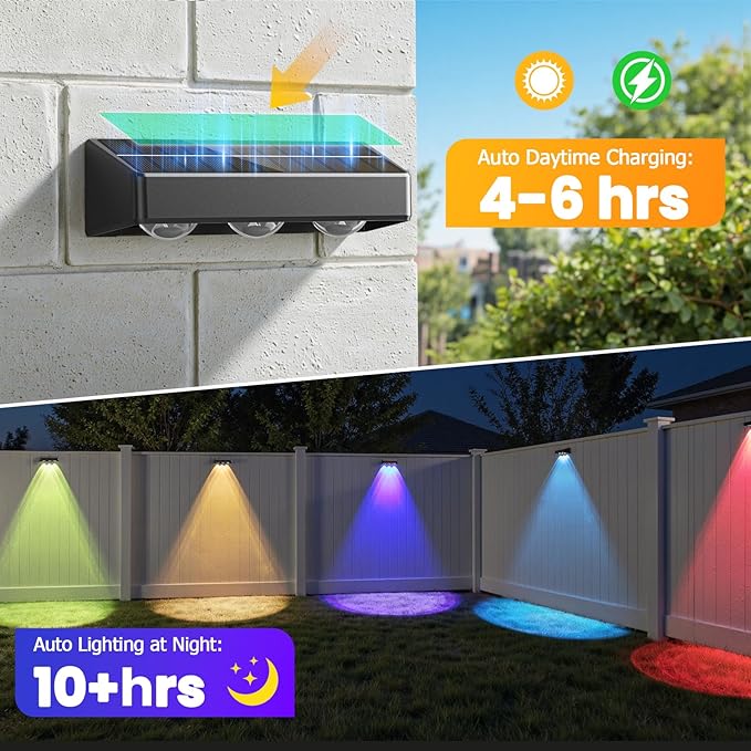 NIORSUN Solar Fence Lights,12 Pack Solars Deck Light,RGB Color,Outdoor Bulb Waterproof Led IP65,Outdoor Fence Light,Power Patio Lamp with Lenses for Outside/Backyard/Railing/Yard(Black)
