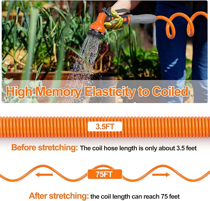 SPECILITE 3/8” Lightweight Coil Garden Hose 75 FT, EVA Retractable Curly Water Pipe with 6-Pattern Spray Nozzle for Boat, Greenhouse, Yard, Patio (Orange)