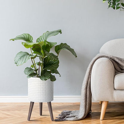 D'vine Dev 10 Inch Modern Geometric Tile Patterned Sleek Planter Pot with Stand, Indoor Outdoor Decorative Plant Holder, Matte White, 88-Z-B-1