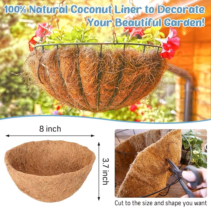 Legigo 3 Pack 8 Inch Hanging Basket Coco Liners Replacement, 100% Natural Round Coconut Coco Fiber Planter Basket Liners for Hanging Basket Flowers/Vegetables