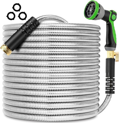 200FT Metal Garden Hose 304 Stainless Steel Flexible Water Hose - No Kink & Tangle Heavy Duty Pipe with Nozzle, Durable 3/4 Metal Fittings and Valve - Rust Proof Puncture Proof for Yard Lawn