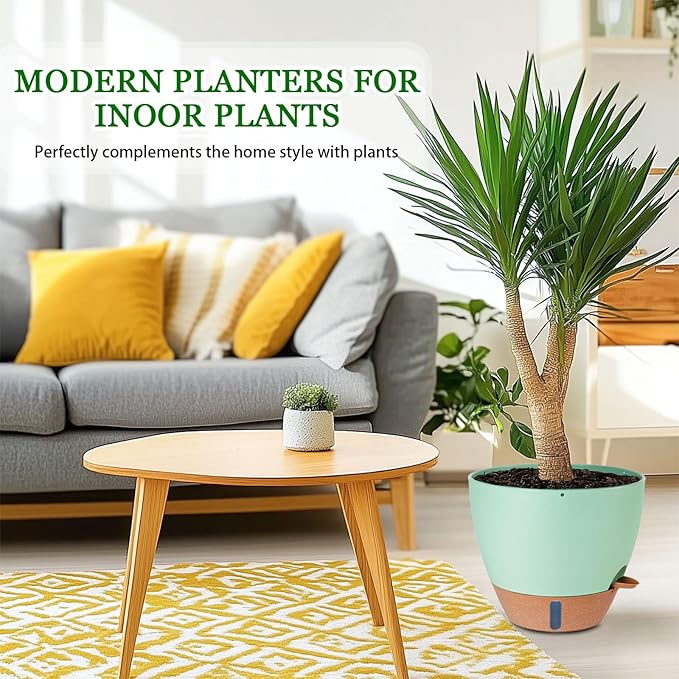 8/10/12 Inch Self Watering Pots for Indoor/Outdoor Plants - Large Plastic Planter with Drainage Holes, Water Level Indicator & Deep Reservoir, Modern Decorative Flower Pots (Green)